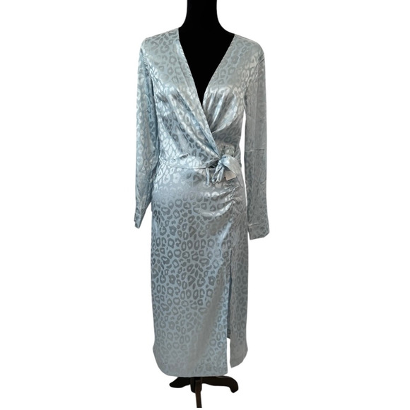 SOMETHING NEW Blue Topaz Mia Leopard Print Satin Wrap Top And Skirt Set M - Picture 1 of 8